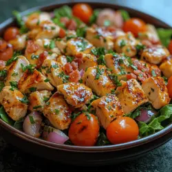Der Crispy BLT Hühnersalat ist eine köstliche und einfache Möglichkeit, die Aromen eines klassischen BLT-Sandwiches in einer gesunden Salatvariante zu genießen. Mit einer Kombination aus knusprigem Speck, saftigem Hähnchen, frischen Tomaten und knackigem Romanasalat ist dieser Salat nicht nur ein Genuss für den Gaumen, sondern auch eine wahre Augenweide. Perfekt für warme Sommertage, als leichtes Mittagessen oder als erfrischende Beilage zu Grillabenden, wird dieser Salat auch Ihre Gäste begeistern.