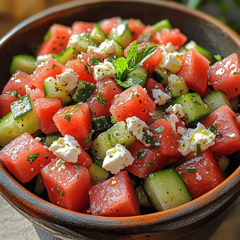 Der Erfrischende Wassermelonen-Gurken-Feta-Salat ist die perfekte Speise, um an heißen Sommertagen eine kühle Erfrischung zu genießen. Mit seiner Kombination aus saftiger Wassermelone, knackiger Gurke und cremigem Feta-Käse ist dieser Salat nicht nur ein wahrer Gaumenschmaus, sondern auch ein Fest für die Sinne. Die leuchtenden Farben und die frischen Aromen machen ihn zu einer idealen Beilage für Grillabende oder als leichtes Mittagessen.