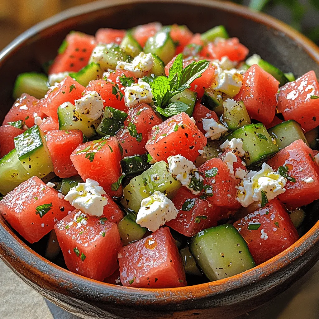 Der Erfrischende Wassermelonen-Gurken-Feta-Salat ist die perfekte Speise, um an heißen Sommertagen eine kühle Erfrischung zu genießen. Mit seiner Kombination aus saftiger Wassermelone, knackiger Gurke und cremigem Feta-Käse ist dieser Salat nicht nur ein wahrer Gaumenschmaus, sondern auch ein Fest für die Sinne. Die leuchtenden Farben und die frischen Aromen machen ihn zu einer idealen Beilage für Grillabende oder als leichtes Mittagessen.
