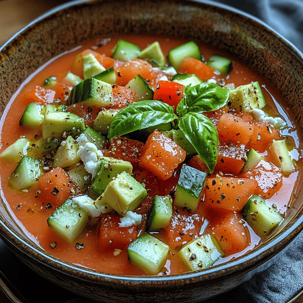 Die Wassermelone ist zweifellos der Hauptbestandteil dieser Gazpacho und bringt nicht nur Farbe und Geschmack, sondern auch zahlreiche gesundheitliche Vorteile mit sich. Sie besteht zu über 90 % aus Wasser, was sie zu einem idealen Lebensmittel für die heißen Sommertage macht. Wassermelonen sind reich an Vitaminen, insbesondere Vitamin C und A, sowie an Antioxidantien wie Lycopin, die für ihre entzündungshemmenden Eigenschaften bekannt sind. Außerdem ist sie kalorienarm und enthält wichtige Mineralstoffe wie Kalium, die helfen, den Flüssigkeitshaushalt im Körper zu regulieren.