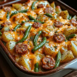 Der herzhafte Wurst- und grüner Bohnenauflauf mit Kartoffeln ist ein perfektes Gericht für ein gemütliches Abendessen. Diese köstliche Kombination aus italienischer Wurst, frischen grünen Bohnen und zarten Kartoffeln sorgt nicht nur für ein nahrhaftes, sondern auch für ein schmackhaftes Erlebnis. Dieses Gericht ist ideal für Familienessen, wenn man nach einem herzhaften und nährstoffreichen Rezept sucht, das einfach zuzubereiten ist und den ganzen Tisch erfreut.