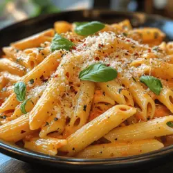 Die Basis des Gerichts ist die Penne Pasta, die für die richtige Textur sorgt. Ihre röhrenförmige Struktur ermöglicht es, die Soße hervorragend aufzunehmen, was jede Gabel zu einem Geschmackserlebnis macht. Penne ist nicht nur vielseitig, sondern auch ein beliebter Begleiter für verschiedene Soßen, von cremig bis tomatig.