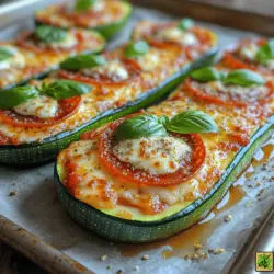 Die Zucchini-Pizza-Boote sind eine köstliche und gesunde Variante der klassischen Pizza, die sich perfekt für alle eignet, die eine Low-Carb-Diät verfolgen oder einfach nur eine leichtere Alternative zur traditionellen Pizza suchen. Dieses Rezept kombiniert die erfrischende Zucchini mit einer würzigen Füllung aus marinara Soße, Mozzarella und Ihren liebsten Toppings, um ein Gericht zu kreieren, das sowohl geschmacklich als auch visuell überzeugt.