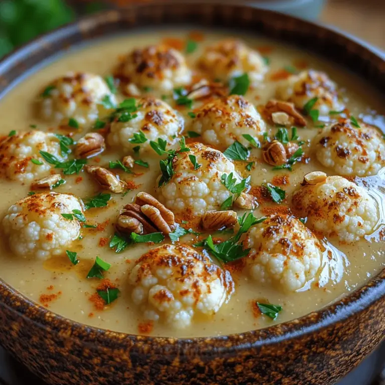 Wenn Sie auf der Suche nach einer herzhaften und zugleich gesunden Suppe sind, dann ist die himmlische cremige geröstete Blumenkohlsuppe genau das Richtige für Sie. Diese Suppe kombiniert die nussigen Aromen von geröstetem Blumenkohl mit einer samtigen Textur, die sie zu einem perfekten Komfortessen macht. Sie ist nicht nur eine wunderbare Vorspeise, sondern kann auch als leichtes Hauptgericht serviert werden. Besonders in den kühleren Monaten sorgt sie für Wärme und Geborgenheit.