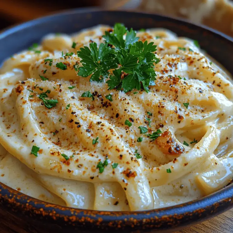 Samtige geröstete Knoblauch-Alfredo ist ein klassisches italienisches Gericht, das nicht nur den Gaumen erfreut, sondern auch eine wahre Umarmung für die Seele ist. Diese cremige Pasta kombiniert die Einfachheit von Fettuccine mit dem reichen, süßen Geschmack von geröstetem Knoblauch, der in jeder Gabel zu spüren ist. Die Kombination aus frischer Sahne, buttrigem Parmigiano-Reggiano und einer Prise Muskatnuss macht diese Alfredo-Sauce zu einem unvergleichlichen Geschmackserlebnis. Dieses Gericht ist besonders, da es sowohl für besondere Anlässe als auch für ein schnelles Abendessen unter der Woche geeignet ist.