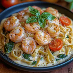 Willkommen zu einem kulinarischen Erlebnis, das Sie direkt in die malerischen Landschaften der Toskana entführt! Das Rezept für die cremige Garnelen-Pasta ist nicht nur eine Augenweide, sondern auch ein Geschmackserlebnis, das jeden Gourmet begeistert. Diese Pasta kombiniert zarte Fettuccine mit saftigen Garnelen, verfeinert mit einer cremigen Sauce aus frischen Tomaten, Spinat und Parmesan.