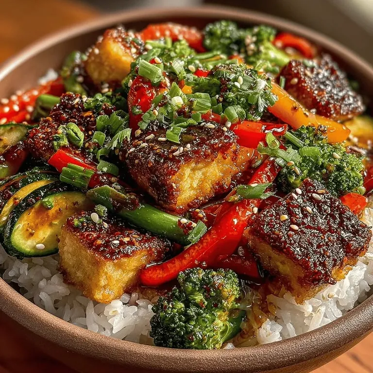Bunter Gemüsepfanne mit Tofu und Reis