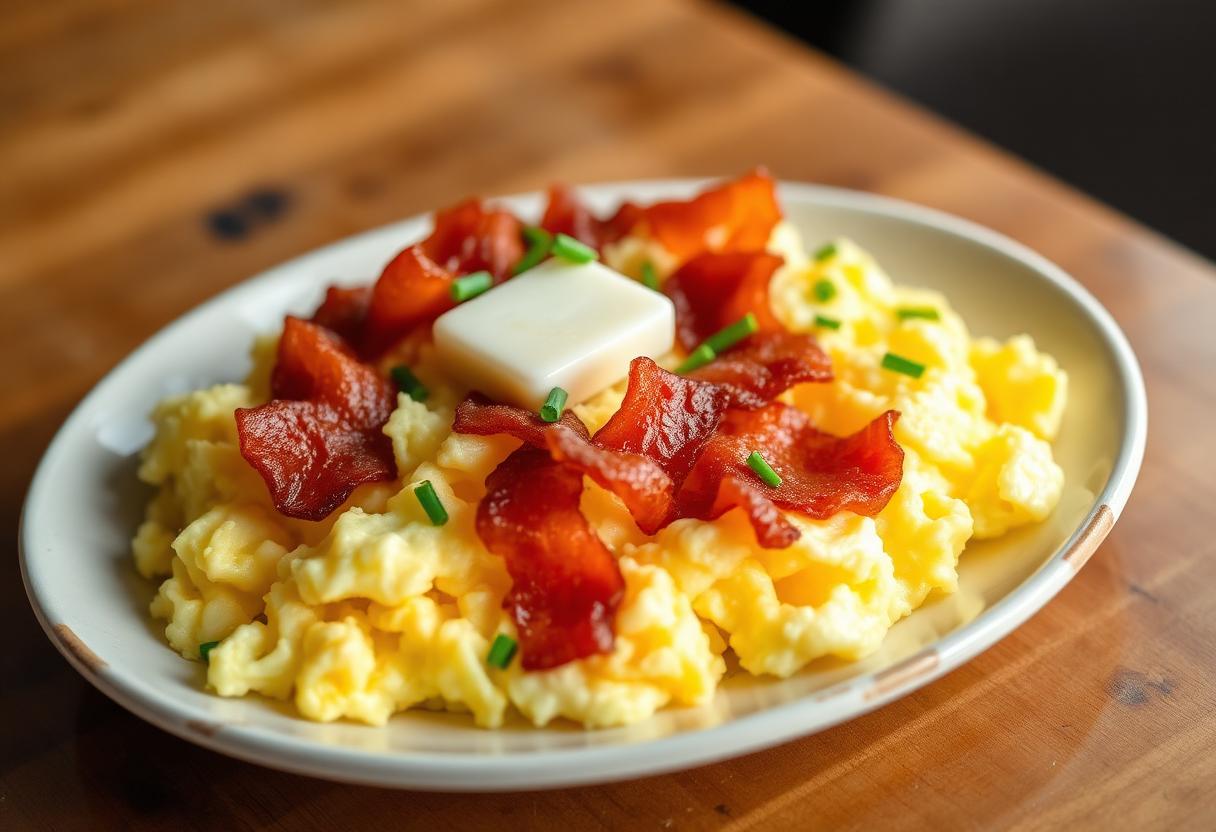 Cremiges Rührei mit Schnittlauch und knusprigem Speck