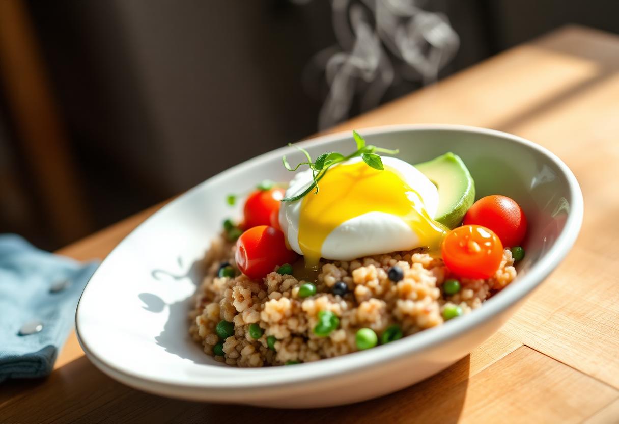 Frische Frühstücksbowl mit Avocado und pochiertem Ei