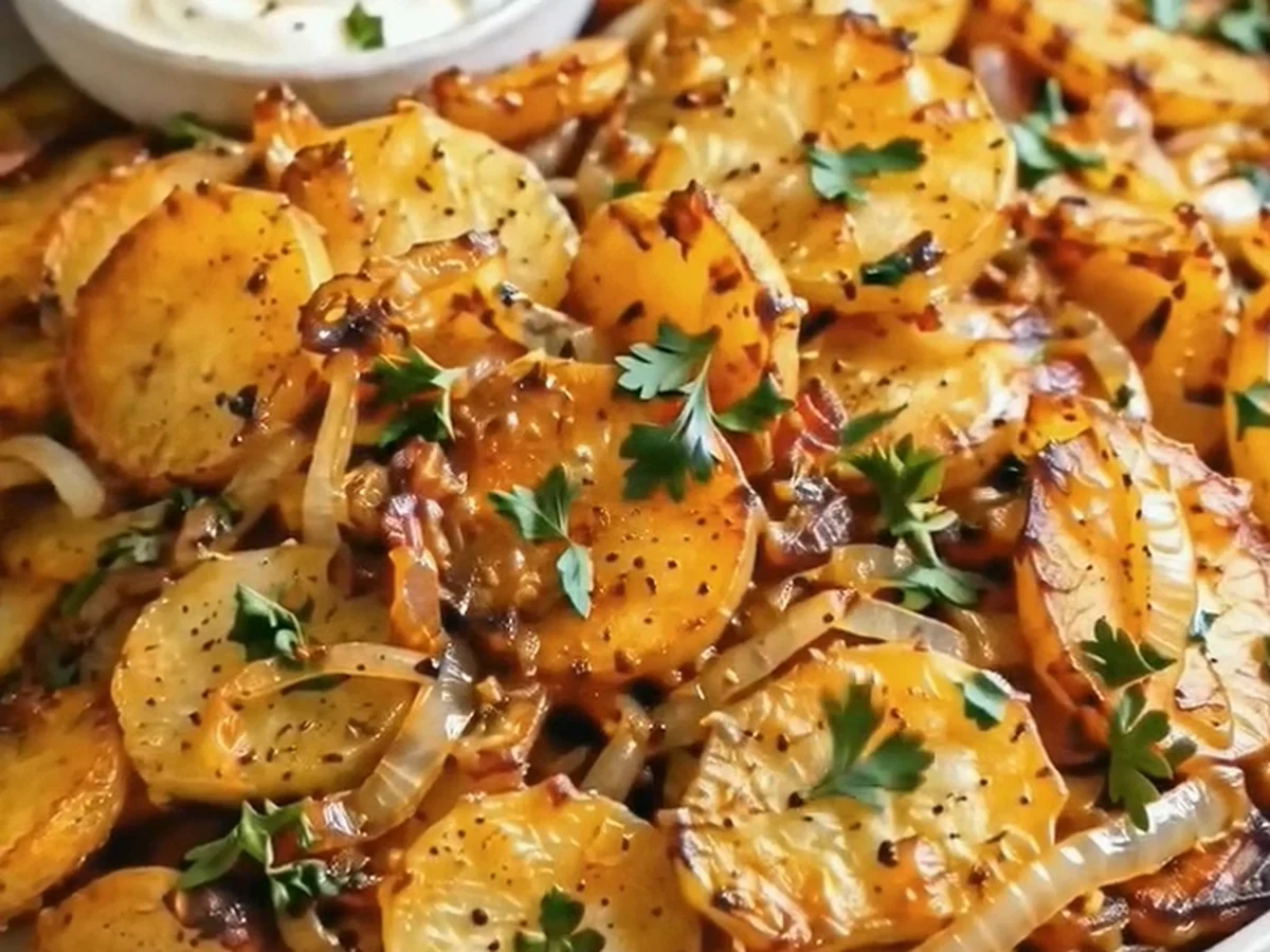 Goldbraune gebratene Kartoffelscheiben mit Zwiebeln und Petersilie