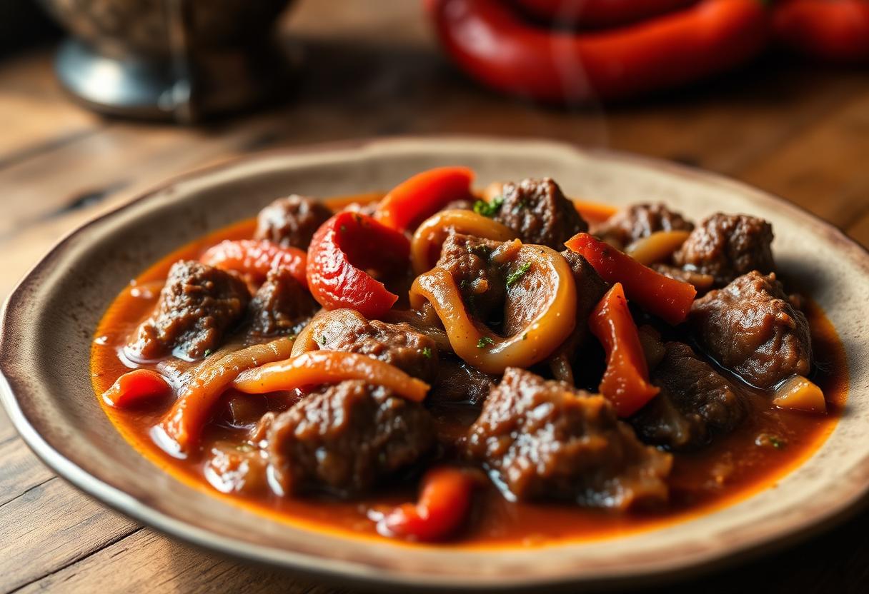 Herzhaftes Rindergulasch mit Paprika und Zwiebeln