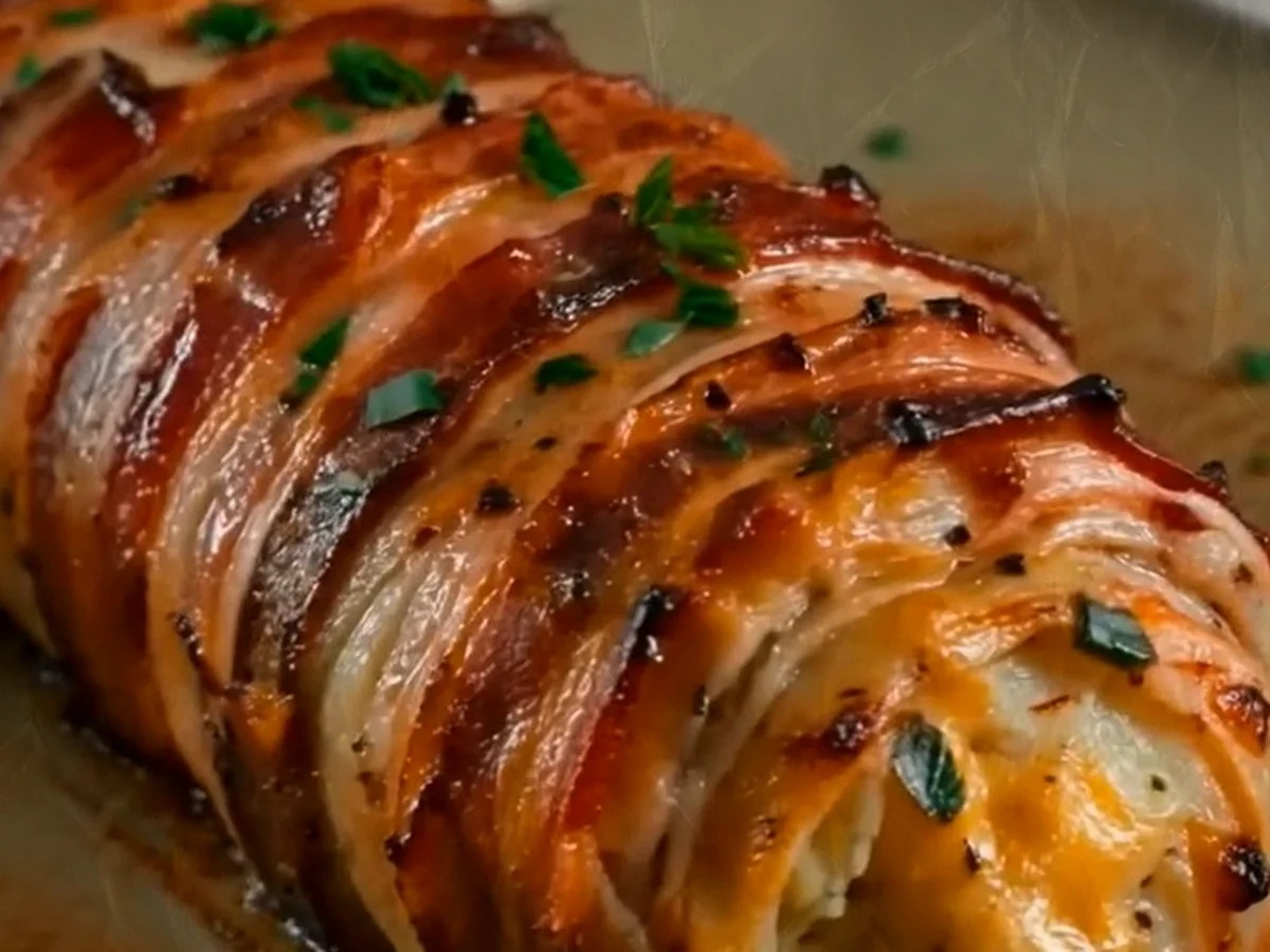 Knusprige Kartoffelrolle mit Käsefüllung und Speckmantel