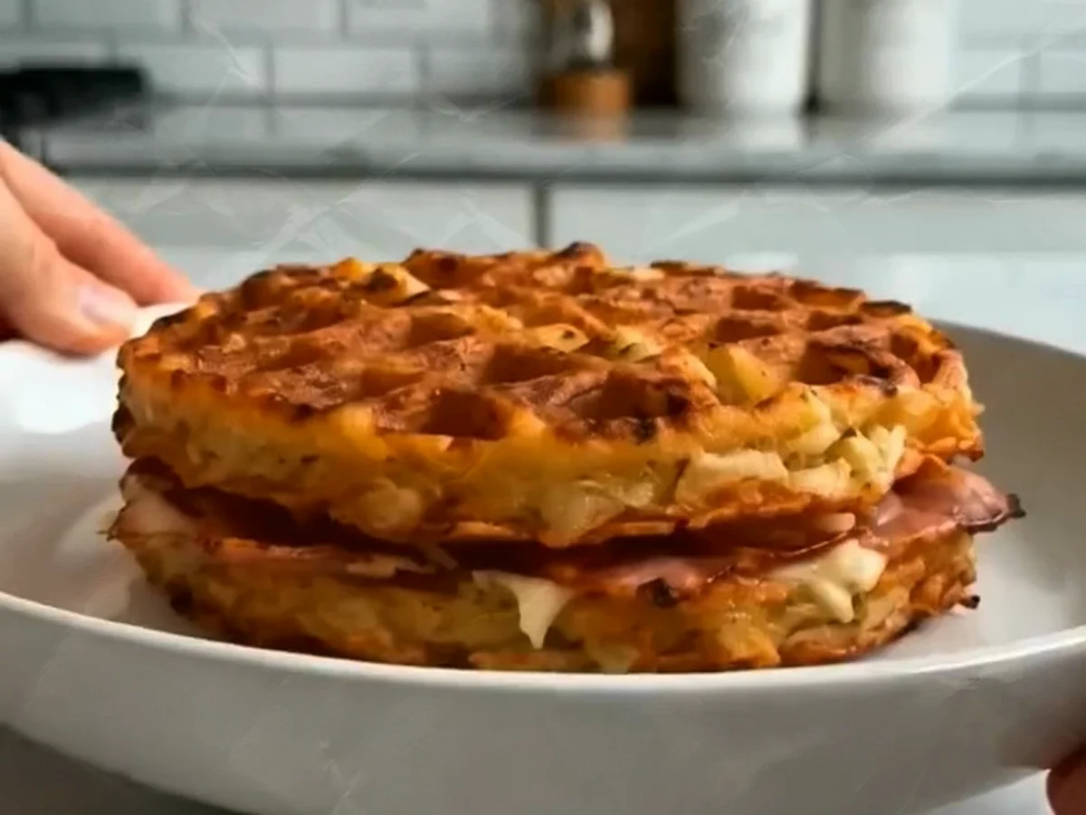 Knusprige Kartoffelwaffel mit Schinken und Käse
